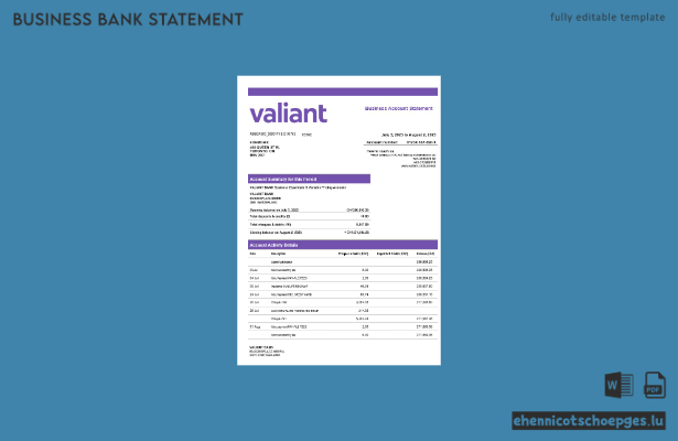 Beispielvorschau eines Kontoauszugs für Valiant Bank-Unternehmenskonten (Word und PDF)